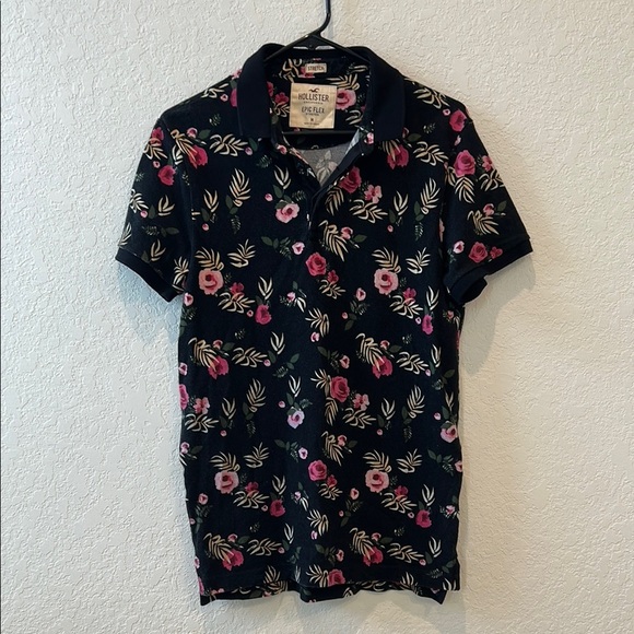 Hollister Black and Pink Floral Polo Shirt - Picture 1 of 5